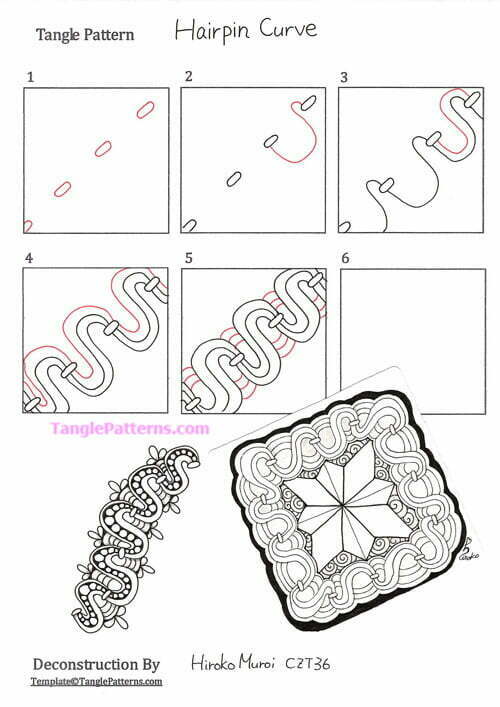 How to draw the Zentangle pattern Hairpin Curve, tangle and deconstruction by Hiroko Muroi. Image copyright the artist and used with permission, ALL RIGHTS RESERVED.