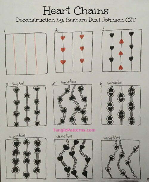 How to draw the Zentangle pattern Heart Chains, tangle and deconstruction by Barbara Duel Johnson. Image copyright the artist and used with permission, ALL RIGHTS RESERVED.