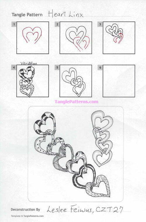 How to draw the Zentangle pattern Heart Linx, tangle and deconstruction by Leslee Feiwus. Image copyright the artist and used with permission, ALL RIGHTS RESERVED.
