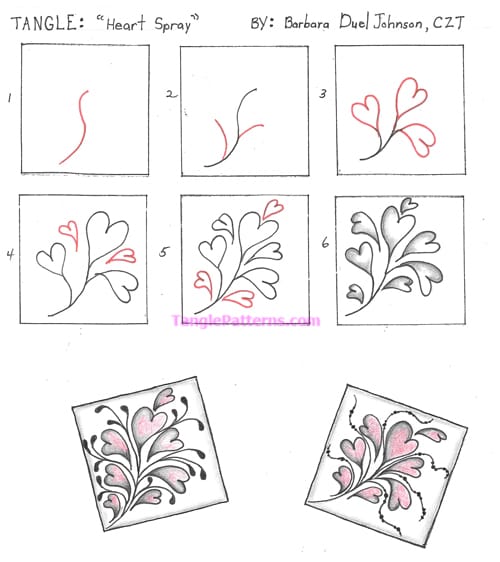 How to draw the Zentangle pattern Heart Spray, tangle and deconstruction by Barbara Duel Johnson. Image copyright the artist and used with permission, ALL RIGHTS RESERVED.