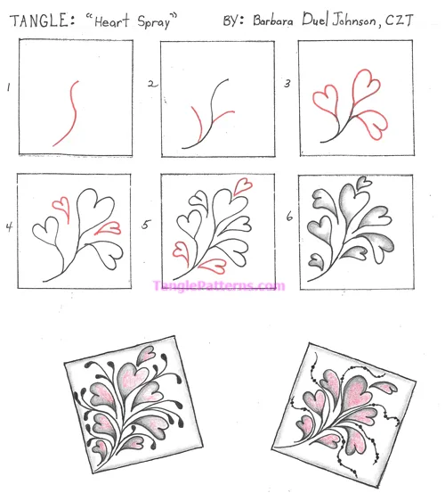 How to draw the Zentangle pattern Heart Spray, tangle and deconstruction by Barbara Duel Johnson. Image copyright the artist and used with permission, ALL RIGHTS RESERVED.