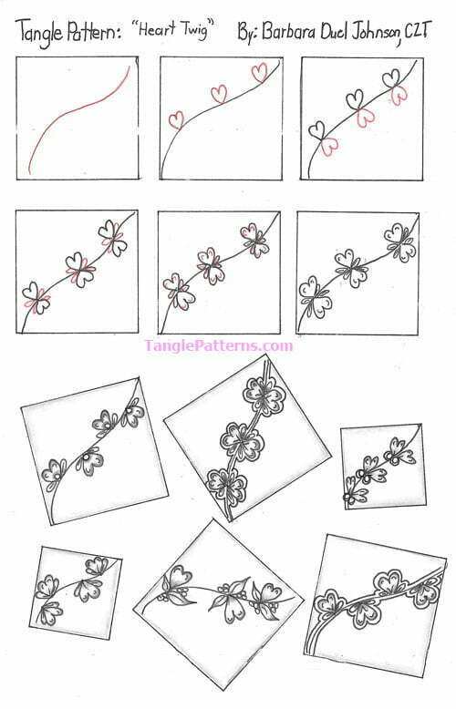 How to draw the Zentangle pattern Heart Twig, tangle and deconstruction by Barbara Duel Johnson. Image copyright the artist and used with permission, ALL RIGHTS RESERVED.