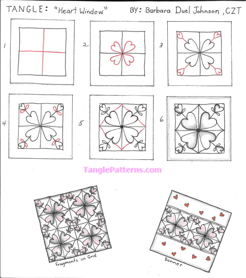 How to draw the Zentangle pattern Heart Window, tangle and deconstruction by Barbara Duel Johnson. Image copyright the artist and used with permission, ALL RIGHTS RESERVED.