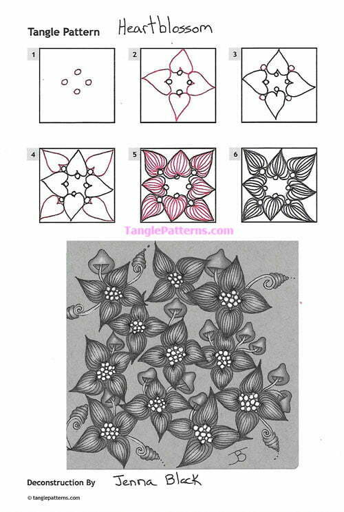 How to draw the Zentangle pattern Heartblossom, tangle and deconstruction by Jenna Black. Image copyright the artist and used with permission, ALL RIGHTS RESERVED.
