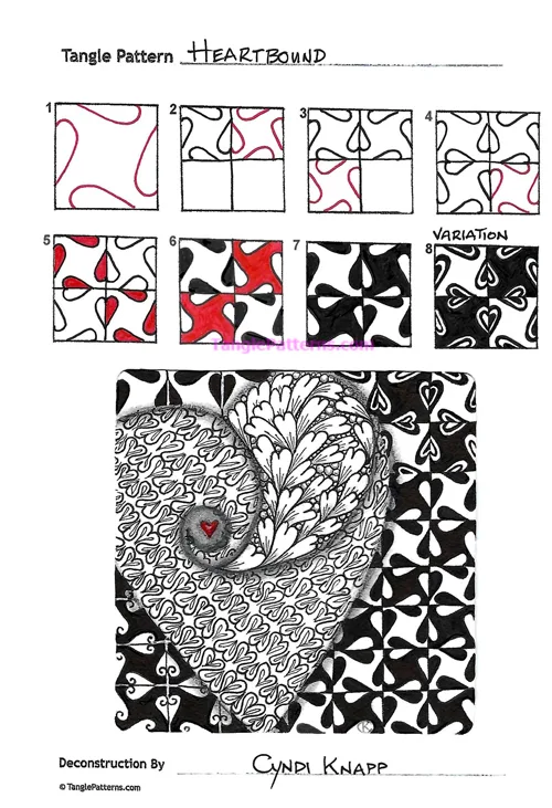 How to draw the Zentangle pattern Heartbound, tangle and deconstruction by Cyndi Knapp. Image copyright the artist and used with permission, ALL RIGHTS RESERVED.
