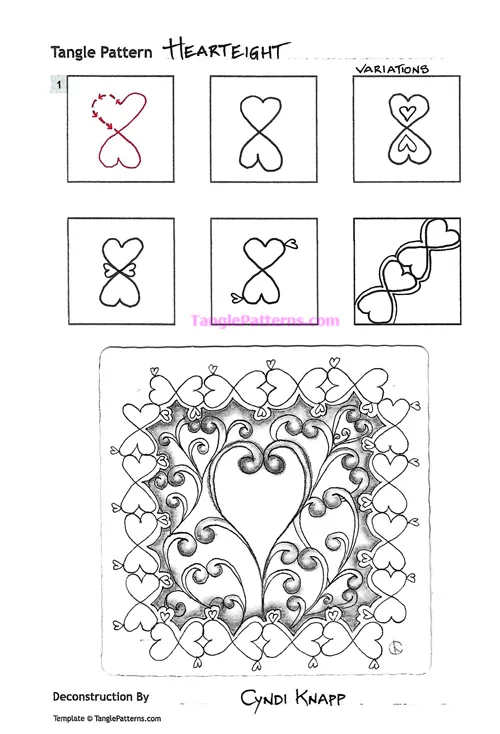How to draw the Zentangle pattern Hearteight, tangle and deconstruction by Cyndi Knapp. Image copyright the artist and used with permission, ALL RIGHTS RESERVED. How to draw the Zentangle pattern Hearteight, tangle and deconstruction by Cyndi Knapp. Image copyright the artist and used with permission, ALL RIGHTS RESERVED.