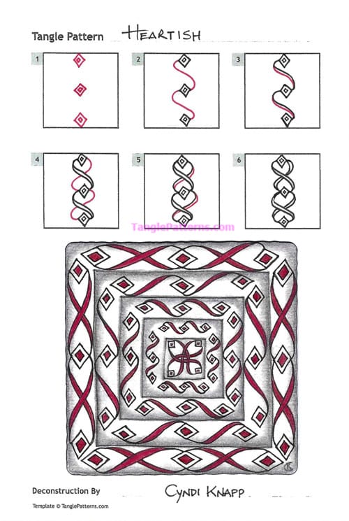 How to draw the Zentangle pattern Heartish, tangle and deconstruction by Cyndi Knapp. Image copyright the artist and used with permission, ALL RIGHTS RESERVED.