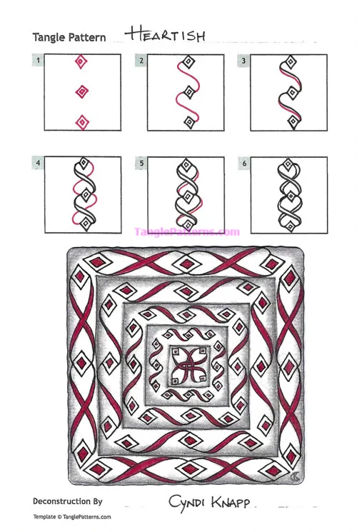 How to draw the Zentangle pattern Heartish, tangle and deconstruction by Cyndi Knapp. Image copyright the artist and used with permission, ALL RIGHTS RESERVED.