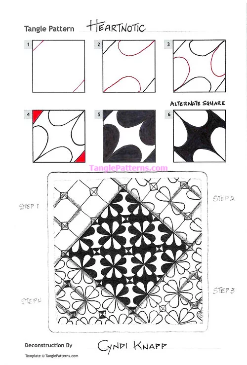 How to draw the Zentangle pattern Heartnotic, tangle and deconstruction by Cyndi Knapp. Image copyright the artist and used with permission, ALL RIGHTS RESERVED. How to draw the Zentangle pattern Heartnotic, tangle and deconstruction by Cyndi Knapp. Image copyright the artist and used with permission, ALL RIGHTS RESERVED.