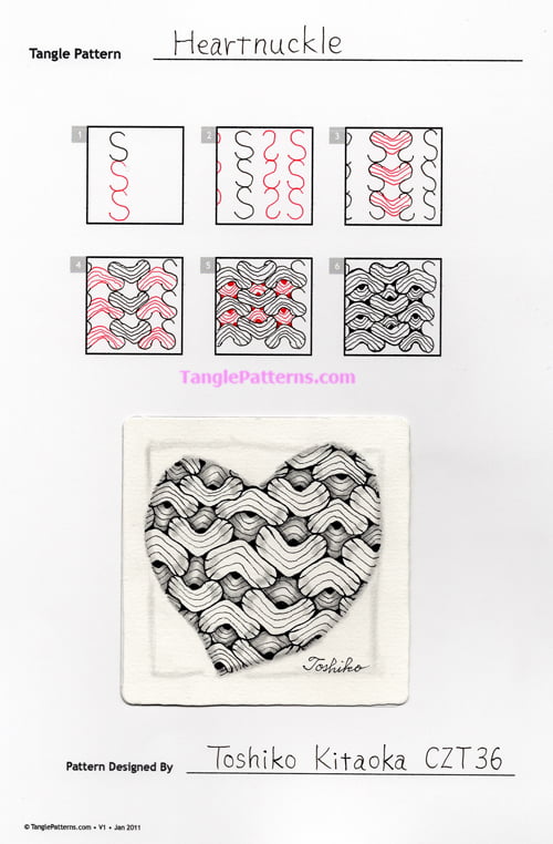 How to draw the Zentangle pattern Heartnuckle, tangle and deconstruction by Toshiko Kitaoka. Image copyright the artist and used with permission, ALL RIGHTS RESERVED.