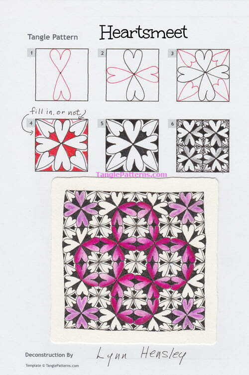 How to draw the Zentangle pattern Heartsmeet, tangle and deconstruction by Lynn Hensley. Image copyright the artist and used with permission, ALL RIGHTS RESERVED.