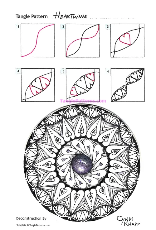How to draw the Zentangle pattern Heartwine, tangle and deconstruction by Cyndi Knapp. Image copyright the artist and used with permission, ALL RIGHTS RESERVED.