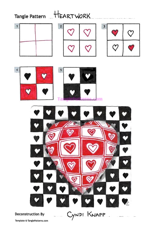 How to draw the Zentangle pattern Heartwork, tangle and deconstruction by Cyndi Knapp. Image copyright the artist and used with permission, ALL RIGHTS RESERVED.
