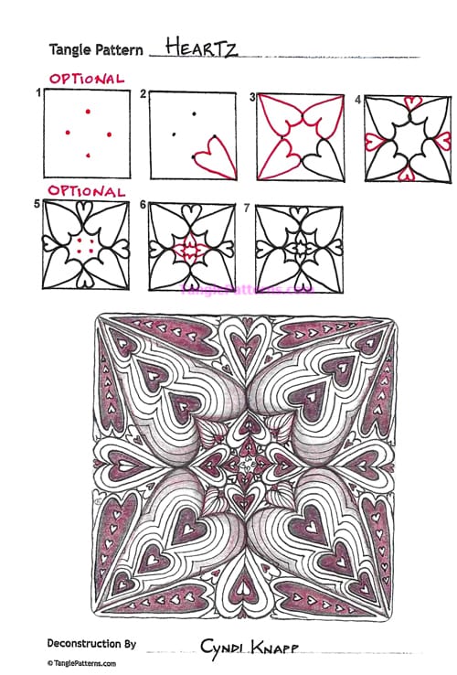 How to draw the Zentangle pattern Heartz, tangle and deconstruction by Cyndi Knapp. Image copyright the artist and used with permission, ALL RIGHTS RESERVED.