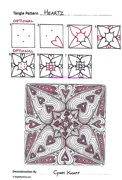 How to draw the Zentangle pattern Heartz, tangle and deconstruction by Cyndi Knapp. Image copyright the artist and used with permission, ALL RIGHTS RESERVED. How to draw the Zentangle pattern Heartz, tangle and deconstruction by Cyndi Knapp. Image copyright the artist and used with permission, ALL RIGHTS RESERVED.