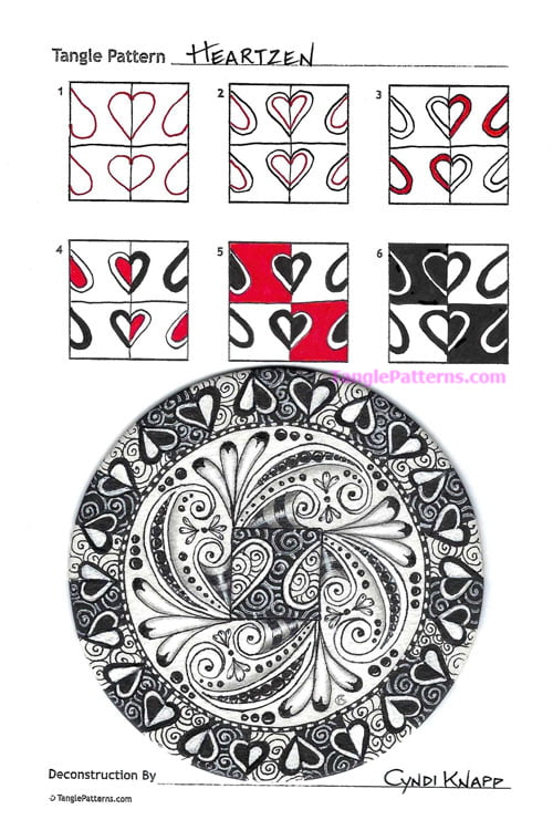 How to draw the Zentangle pattern Heartzen, tangle and deconstruction by Cyndi Knapp. Image copyright the artist and used with permission, ALL RIGHTS RESERVED.