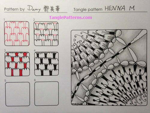 Zentangle pattern: Henna M. How to draw the Zentangle pattern Henna M, tangle and deconstruction by Damy (Mei Hua) Teng. Image copyright the artist and used with permission, ALL RIGHTS RESERVED.