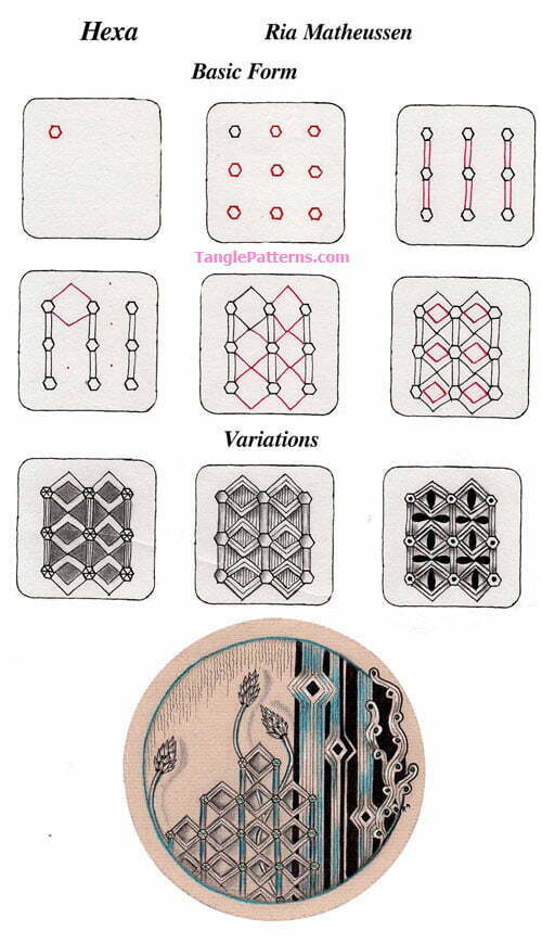 How to draw the Zentangle pattern Hexa, tangle and deconstruction by Ria Matheussenn. Image copyright the artist and used with permission, ALL RIGHTS RESERVED.