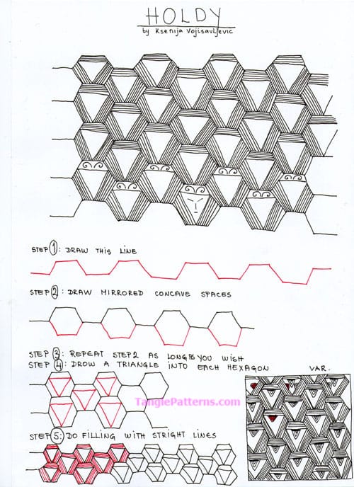 How to draw the Zentangle pattern Holdy, tangle and deconstruction by Ksenija Vojisavljevic. Image copyright the artist and used with permission, ALL RIGHTS RESERVED. How to draw the Zentangle pattern Holdy, tangle and deconstruction by Ksenija Vojisavljevic. Image copyright the artist and used with permission, ALL RIGHTS RESERVED.