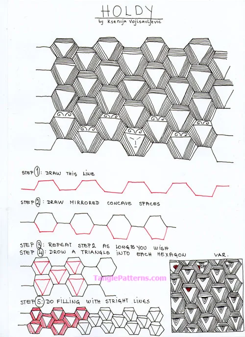How to draw the Zentangle pattern Holdy, tangle and deconstruction by Ksenija Vojisavljevic. Image copyright the artist and used with permission, ALL RIGHTS RESERVED.