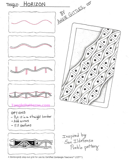 How to draw the Zentangle pattern Horizon, tangle and deconstruction by Angie Gittles. Image copyright the artist and used with permission, ALL RIGHTS RESERVED.