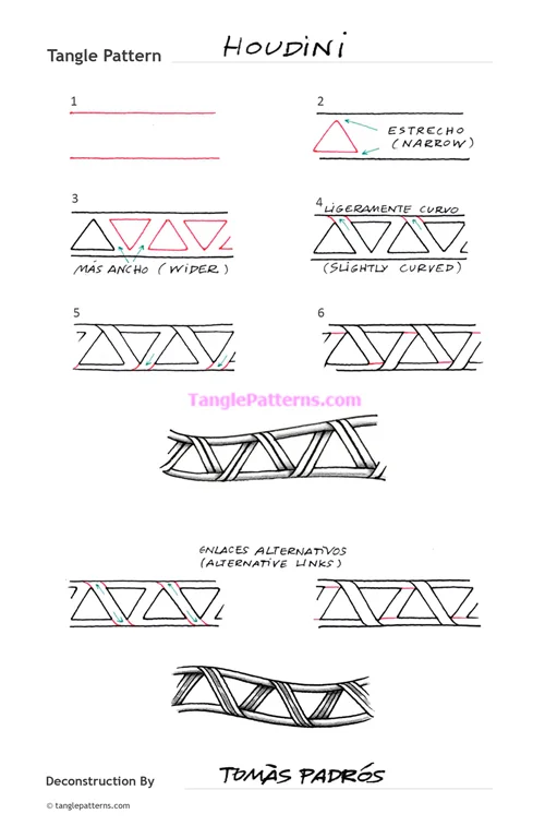 How to draw the Zentangle pattern Houdini, tangle and deconstruction by Tomàs Padrós. Image copyright the artist and used with permission, ALL RIGHTS RESERVED.