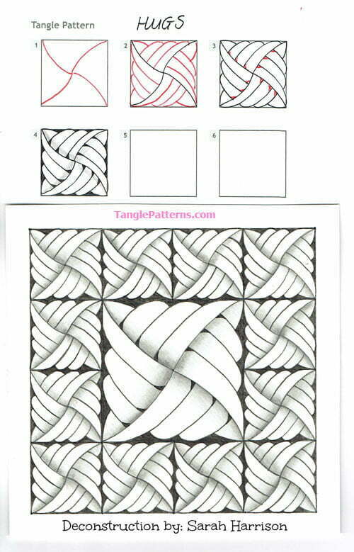 How to draw the Zentangle pattern Hugs, tangle and deconstruction by Sarah Harrison. Image copyright the artist and used with permission, ALL RIGHTS RESERVED.