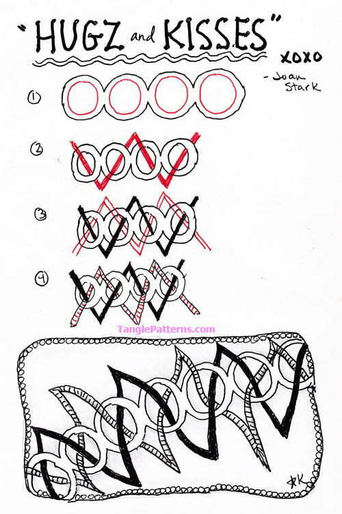 Zentangle pattern: Hugz and Kisses. How to draw the Zentangle pattern Hugz and Kisses, tangle and deconstruction by Joan Stark. Image copyright the artist and used with permission, ALL RIGHTS RESERVED.