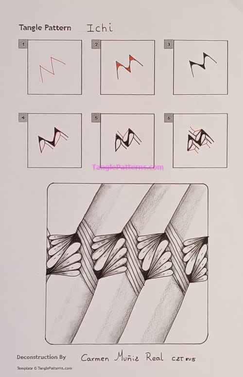 How to draw the Zentangle pattern Ichi, tangle and deconstruction by Carmen Muñiz Real. Image copyright the artist and used with permission, ALL RIGHTS RESERVED.
