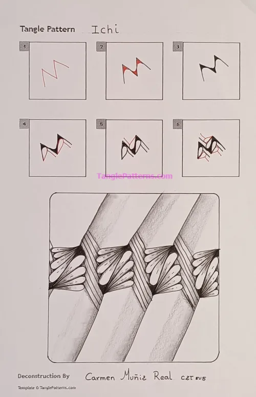 How to draw the Zentangle pattern Ichi, tangle and deconstruction by Carmen Muñiz Real. Image copyright the artist and used with permission, ALL RIGHTS RESERVED.