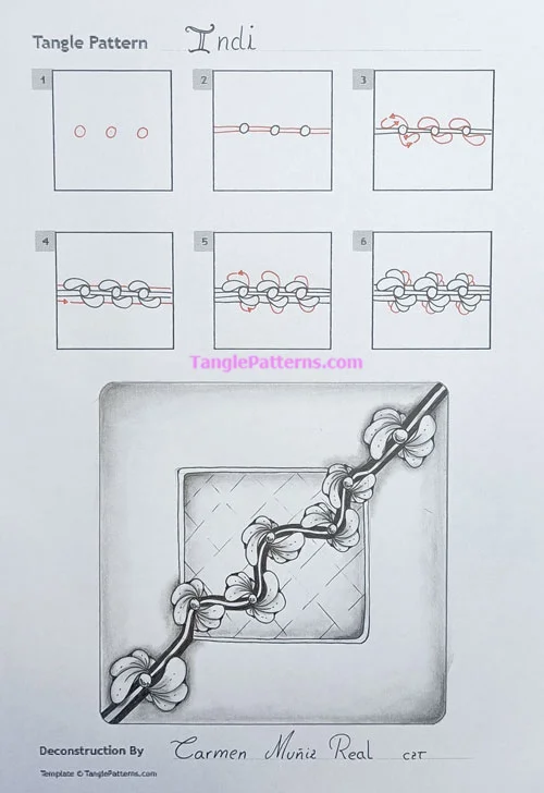How to draw the Zentangle pattern Indi, tangle and deconstruction by Carmen Muñiz Real. Image copyright the artist and used with permission, ALL RIGHTS RESERVED. How to draw the Zentangle pattern Indi, tangle and deconstruction by Carmen Muñiz Real. Image copyright the artist and used with permission, ALL RIGHTS RESERVED.
