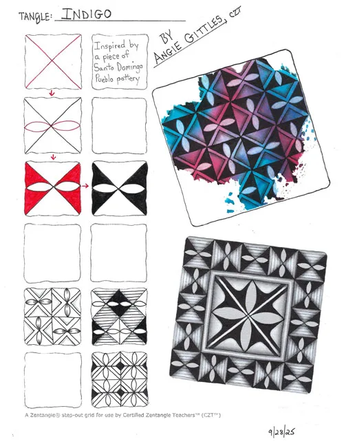 How to draw the Zentangle pattern Indigo, tangle and deconstruction by Angie Gittles. Image copyright the artist and used with permission, ALL RIGHTS RESERVED. How to draw the Zentangle pattern Indigo, tangle and deconstruction by Angie Gittles. Image copyright the artist and used with permission, ALL RIGHTS RESERVED.
