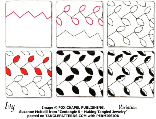 How to draw the Zentangle pattern Ivy, tangle and deconstruction by Suzanne McNeill. Image copyright the artist and used with permission, ALL RIGHTS RESERVED.