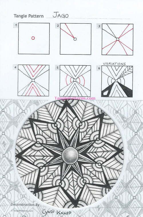 How to draw the Zentangle pattern Jago, tangle and deconstruction by Cyndi Knapp. Image copyright the artist and used with permission, ALL RIGHTS RESERVED.