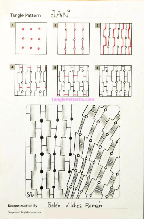 How to draw the Zentangle pattern Jan, tangle and deconstruction by Belén Román. Image copyright the artist and used with permission, ALL RIGHTS RESERVED.
