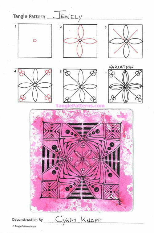 How to draw the Zentangle pattern Jewely, tangle and deconstruction by Cyndi Knapp. Image copyright the artist and used with permission, ALL RIGHTS RESERVED.