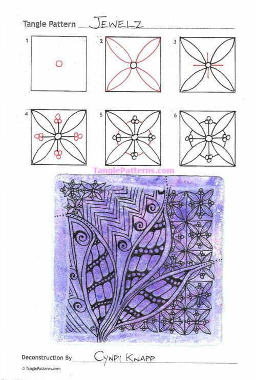 How to draw the Zentangle pattern Jewelz, tangle and deconstruction by Cyndi Knapp. Image copyright the artist and used with permission, ALL RIGHTS RESERVED.