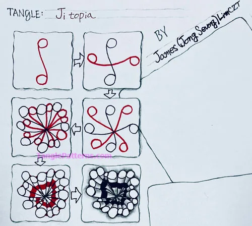 How to draw the Zentangle pattern Ji topia, tangle and deconstruction by James Lim. Image copyright the artist and used with permission, ALL RIGHTS RESERVED. How to draw the Zentangle pattern Ji topia, tangle and deconstruction by James Lim. Image copyright the artist and used with permission, ALL RIGHTS RESERVED.