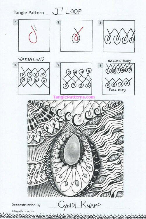 How to draw the Zentangle pattern J'Loop, tangle and deconstruction by Cyndi Knapp. Image copyright the artist and used with permission, ALL RIGHTS RESERVED.