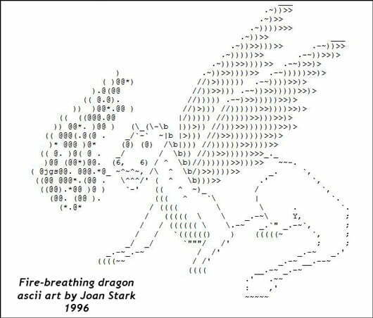 Fire-breathing drgaon ascii art by Joan Stark, 1996