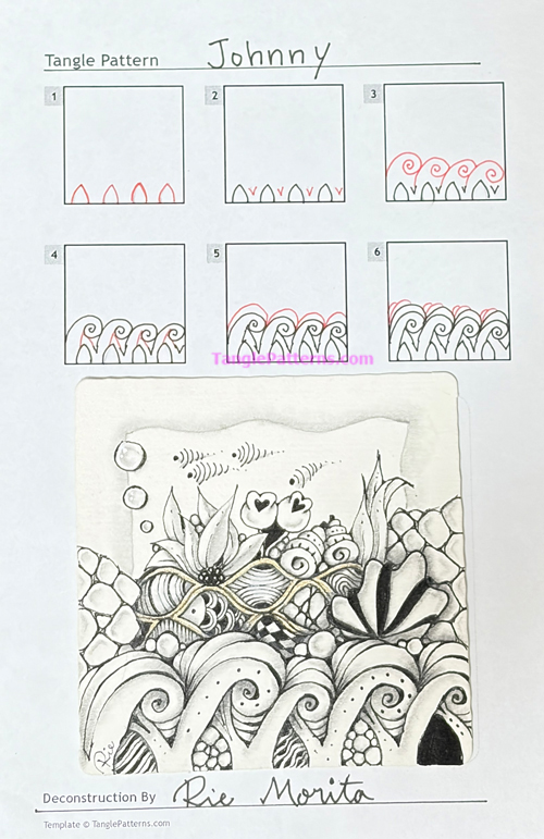 How to draw the Zentangle pattern Johnny, tangle and deconstruction by Rie Morita. Image copyright the artist and used with permission, ALL RIGHTS RESERVED. How to draw the Zentangle pattern Johnny, tangle and deconstruction by Rie Morita. Image copyright the artist and used with permission, ALL RIGHTS RESERVED.