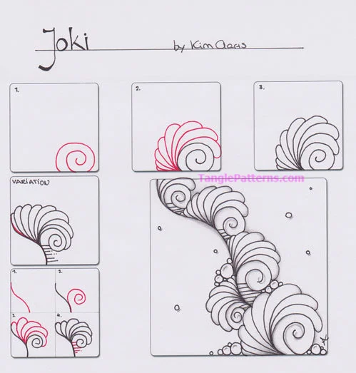 How to draw the Zentangle pattern Joki, tangle and deconstruction by KIm Claus. Image copyright the artist and used with permission, ALL RIGHTS RESERVED.