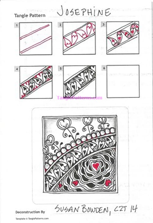 How to draw the Zentangle pattern Josephine, tangle and deconstruction by Susan Bowden. Image copyright the artist and used with permission, ALL RIGHTS RESERVED. How to draw the Zentangle pattern Josephine, tangle and deconstruction by Susan Bowden. Image copyright the artist and used with permission, ALL RIGHTS RESERVED.