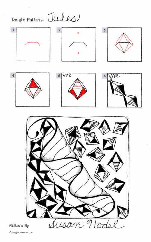How to draw the Zentangle pattern Jules, tangle and deconstruction by Susan Hodel. Image copyright the artist and used with permission, ALL RIGHTS RESERVED.