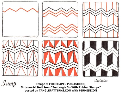 How to draw the Zentangle pattern Jump, tangle and deconstruction by Suzanne McNeill. Image copyright the artist and used with permission, ALL RIGHTS RESERVED.
