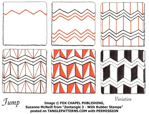 How to draw the Zentangle pattern Jump, tangle and deconstruction by Suzanne McNeill. Image copyright the artist and used with permission, ALL RIGHTS RESERVED.