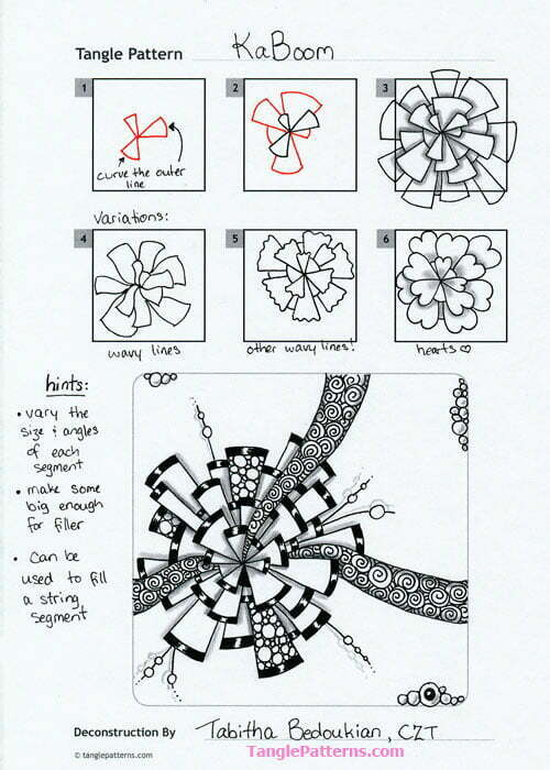 How to draw the tangle pattern KaBoom, tangle and deconstruction by CZT Tabitha Bedoukian. Image copyright the artist and used with permission, ALL RIGHTS RESERVED.