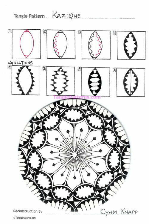 How to draw the Zentangle pattern Kazique, tangle and deconstruction by Cyndi Knapp. Image copyright the artist and used with permission, ALL RIGHTS RESERVED.