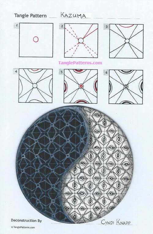 How to draw the Zentangle pattern Kazuma, tangle and deconstruction by Cyndi Knapp. Image copyright the artist and used with permission, ALL RIGHTS RESERVED.