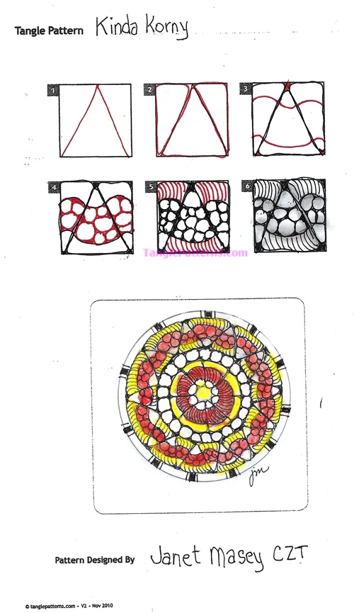 How to draw the Zentangle pattern Kinda Korny, tangle and deconstruction by Janet Masey. Image copyright the artist and used with permission, ALL RIGHTS RESERVED.
